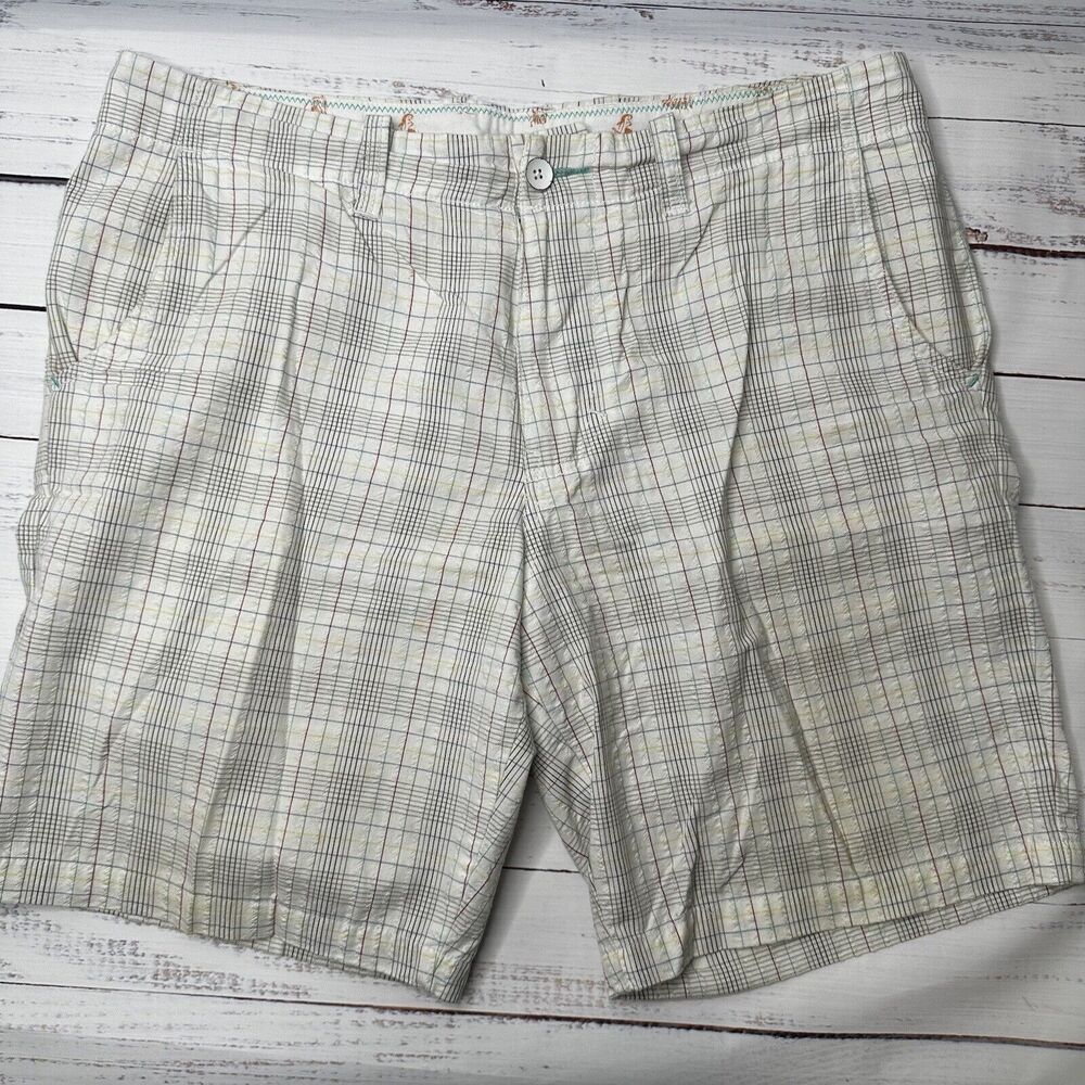 Tommy Bahama RELAX Men's White & Black Plaid Linen Shorts Size 34 100% Cotton